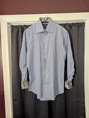 EREDI PISANO Blue Striped Denim Floral Trim Dress Shirt Made In Italy Sz 40